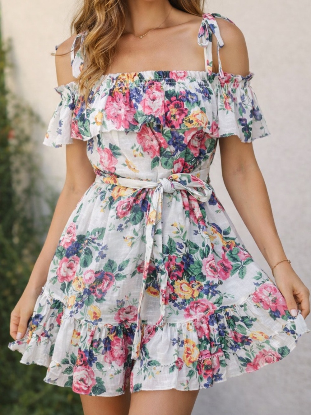 Zimmermann Floral Linen Off Shoulder Mini Dress Size 0 US 4 Wedding Guest